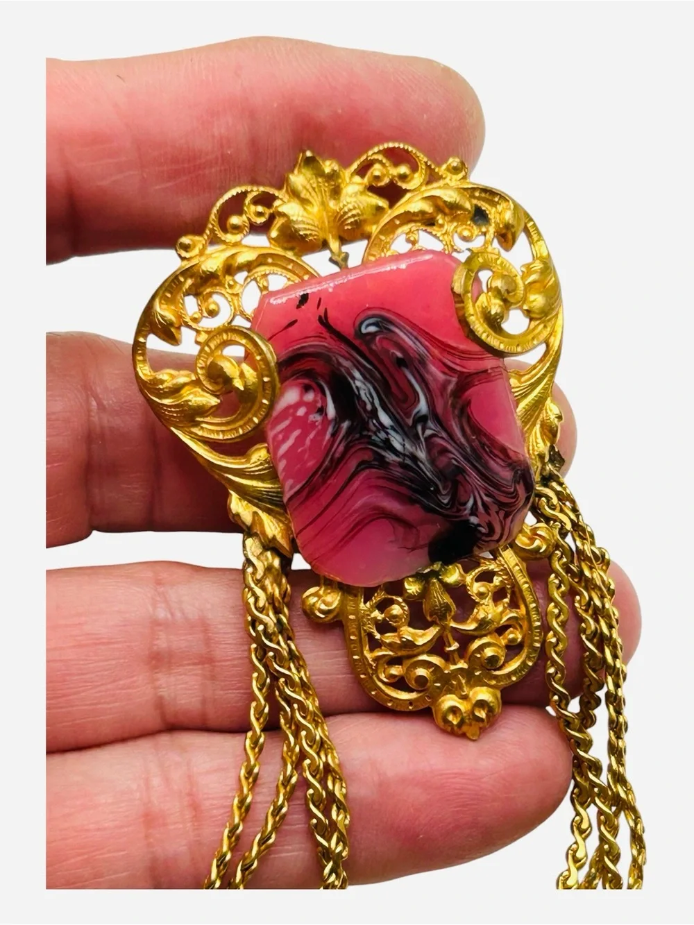 Vintage French Pink Art Glass Vase Chain Swag Brooch